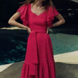 Zara Midi Eyelet Dress in Raspberry BNWOT